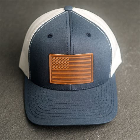 Leather Patch Trucker Style Hat - American Flag Stamp