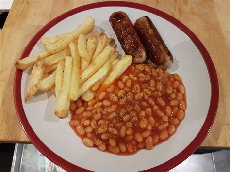 Sausage, beans, and (homemade) chips. : r/UK_Food