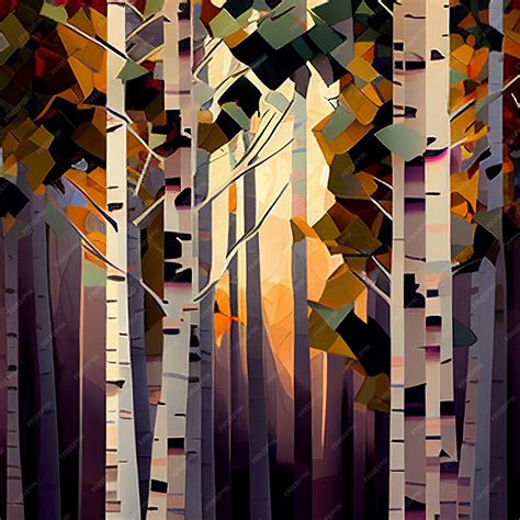 Premium AI Image | A painting of a forest with a sunset in the background.