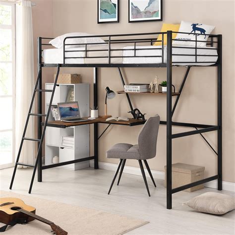 Twin Size Loft Bed with Desk and Ladder, Metal Bed Frame for Kids Teens ...