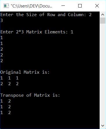 C Program to Find the Transpose of a Matrix