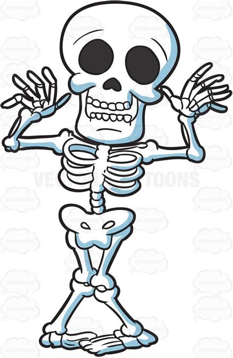 a skeleton standing on one leg with his hands in the air