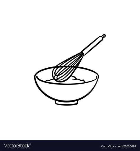 Mixing bowl with wire whisk hand drawn sketch icon