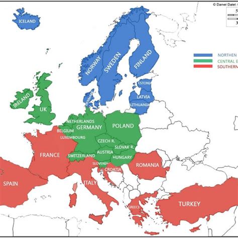 European Areas: south Europe (red countries); middle Europe (green ...