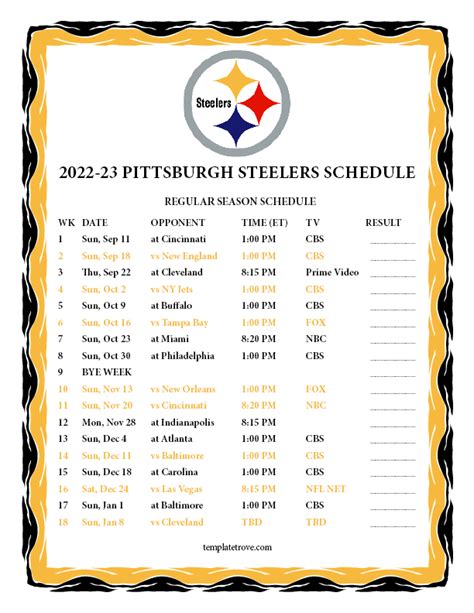 Printable 2022-2023 Pittsburgh Steelers Schedule