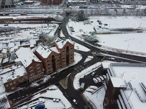 High angle view of Snow covered North Luton's landscape and Cityscape ...