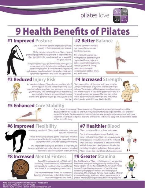 the 9 health benefits of pilates poster is shown in purple, with an ...