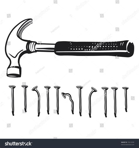 Sketch Of A Hammer With Nails Stock Vector Illustration 75013339 ...