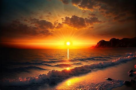 Premium Photo | Beautiful sunrise over the sea digital painting artwork