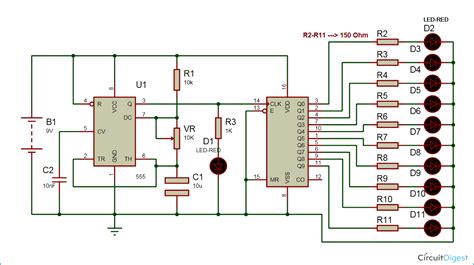 LED Chaser Circuit Diagram using IC 555 and CD 4017