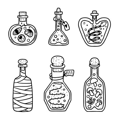 Potion bottle collection in hand drawn doodle style. Witch glass ...