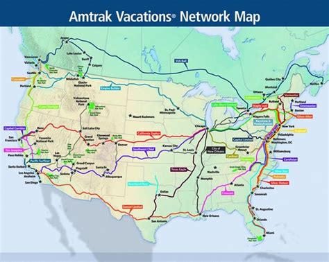 Amtrak Vacations Network Map | Train travel usa, Cross country train ...