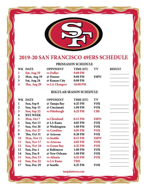 Printable 2019-2020 San Francisco 49ers Schedule