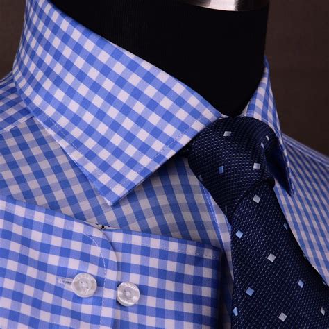 Blue Gingham Checkered Dress Shirt Mens Plaids & Checks Formal Business ...