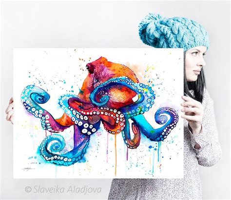 Octopus watercolor painting print by Slaveika Aladjova art | Etsy