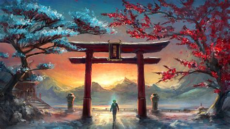 1920x1080 Resolution Sunset Art and Walking under Torii 1080P Laptop ...