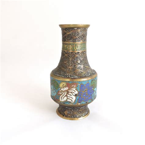 Champlevé Cloisonné Vase Japan Vintage Enamel Brass Lotus Flowers 1920s ...