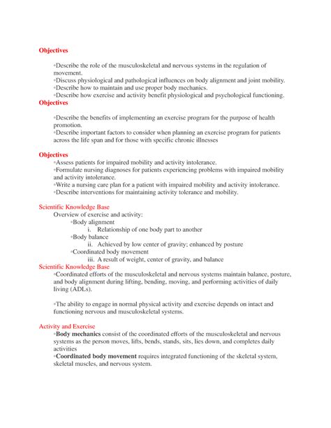 Immobility Acitivty and Exercise notes - Objectives Describe the role ...