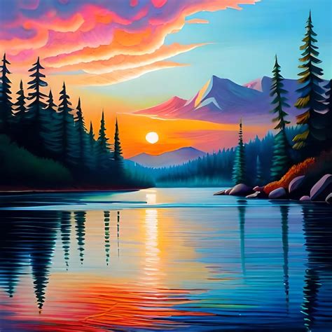 Premium Photo | A painting of a mountain landscape with a sunset in the ...