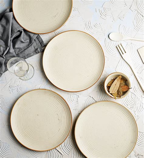 Handcrafted ribbed cream 1-inch ceramic dinner plates -set of 4, best ...