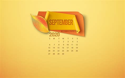 September 2020 Calendar, yellow background, 2020 autumn, September ...