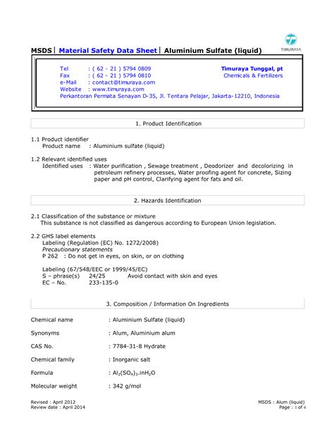 MSDS Material Safety Data Sheet Aluminium Sulfate (Liquid) - DocsLib