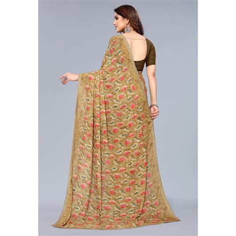 Beige Printed Georgette Saree With Crochet Border