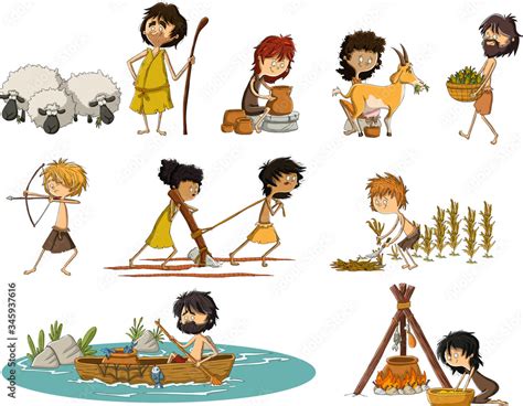 Group of cartoon neolithic people working. Prehistoric people. Stock ...