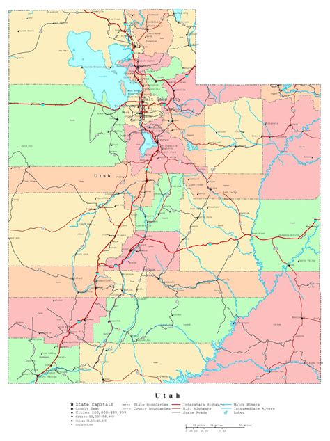 Laminated Map - Large detailed administrative map of Utah state with ...