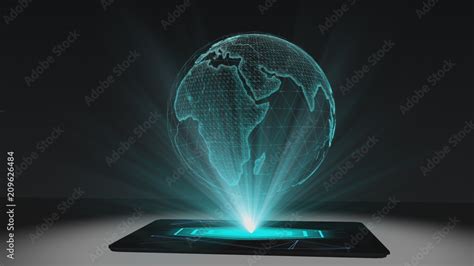 World map projection futuristic holographic display tablet hologram ...