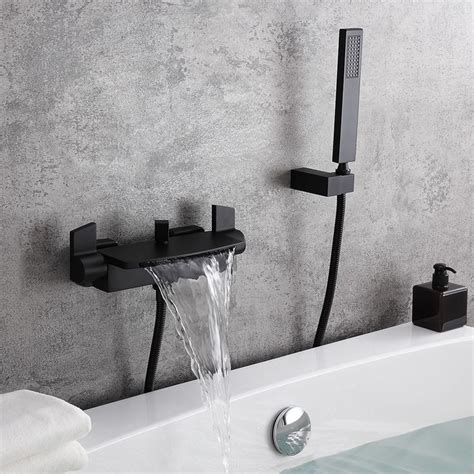 Wall Mount Waterfall 2-Handle Matte Black Bathtub Filler Faucet with ...