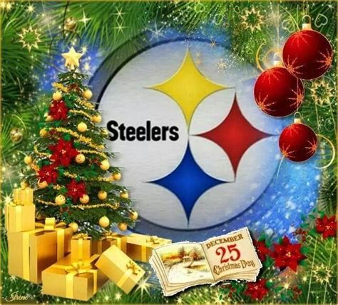 a christmas tree, presents and a pittsburgh football logo on the side ...