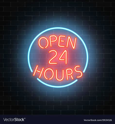 Neon open 24 hours sign on a brick wall Royalty Free Vector