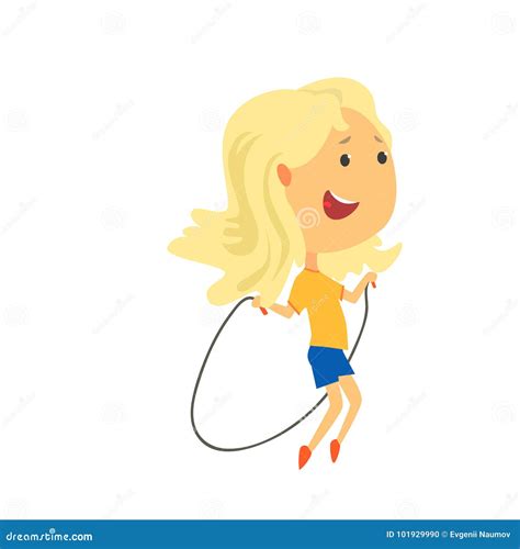 Happy Blonde Girl Jumping with a Rope, Kids Physical Activity Cartoon ...