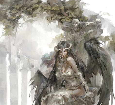 Albedo, art, fantasy, christian angel, wings, demon, girl, horns, HD ...