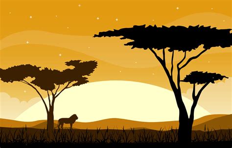 Lion in African Savanna Landscape with Trees Illustration 2046738 ...