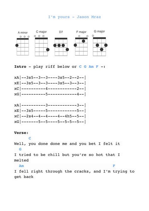 I'm yours by Jason Mraz ukulele chords - Free Sheet Music