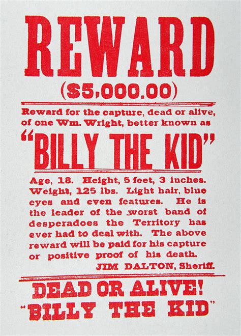 Reward Poster for Billy the Kid Painting by American School