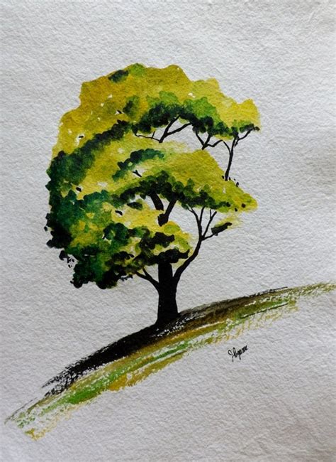 Original Watercolor Green Tree Painting Simple Tree by pinetreeart