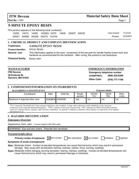 5-MINUTE EPOXY RESIN ITW Devcon Material Safety Data Sheet