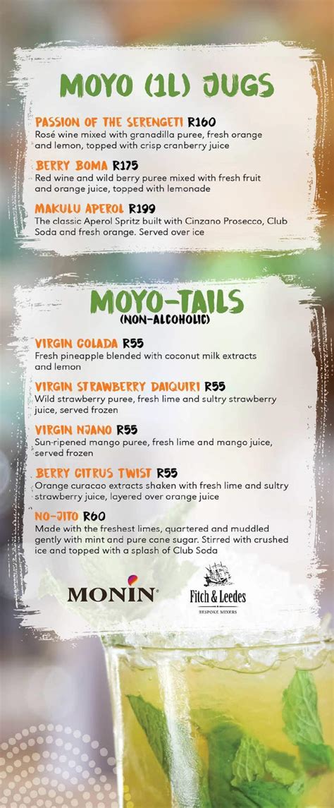 Menu at moyo Zoo Lake restaurant, Johannesburg