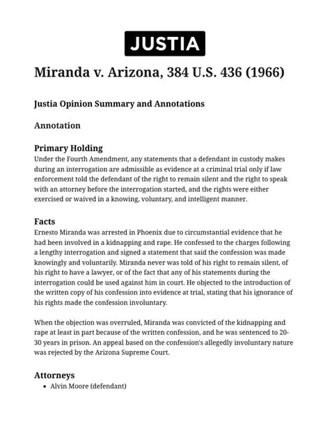 Summary - Miranda v. Arizona | PDF | Miranda V. Arizona | Miranda Warning