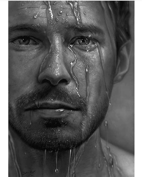 a black and white photo of a man's face with water dripping from his eyes