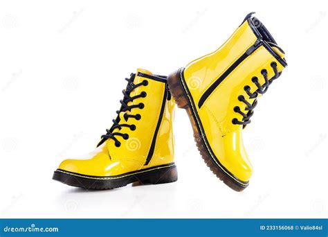 Shiny Yellow Leather Shoes. Shining Boots Isolated Stock Photo - Image ...