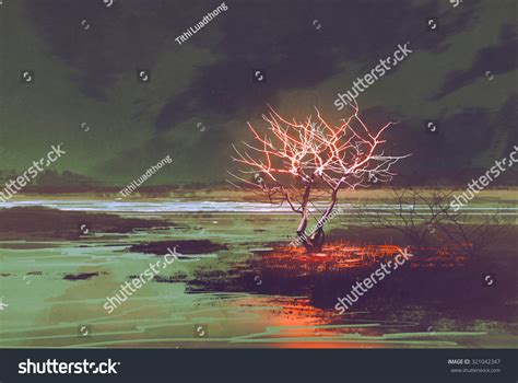 Illustration Painting Night Landscape Glowing Tree Stock Illustration ...