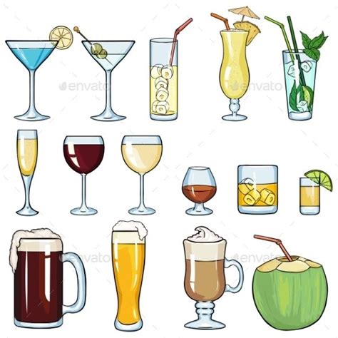 Set of Cartoon Cocktails and Alcohol Drinks | Cocktails drawing ...