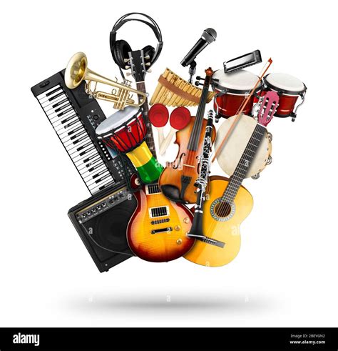 stack pile collage of various musical instruments. Electric guitar ...