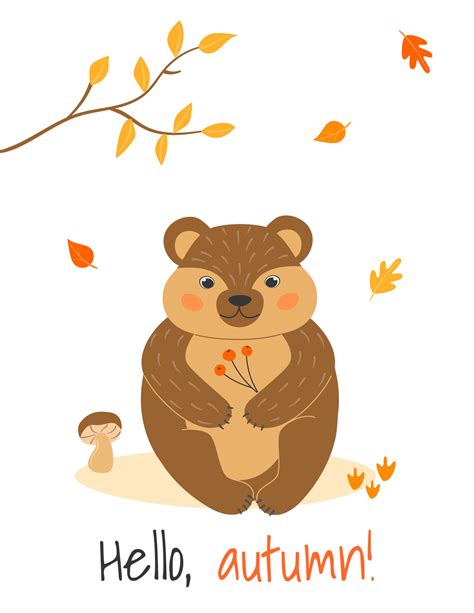 Vector illustration with cute bear, mushroom and leaf fall in cartoon ...