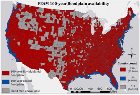 FEMA 100-year floodplain availability in CONUS at county level (FEMA ...