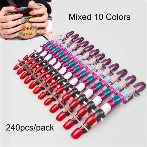 240pcs/pack Mixed 10 Colors Full Cover Nail Tips Short Design Fake ...